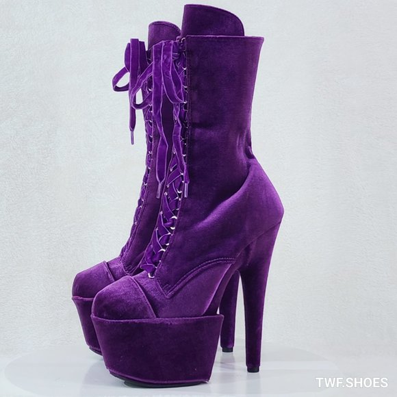 Pleaser Shoes - 1020 Purple Velvet 7" High Heel Platform Ankle Boots With Boot Protectors